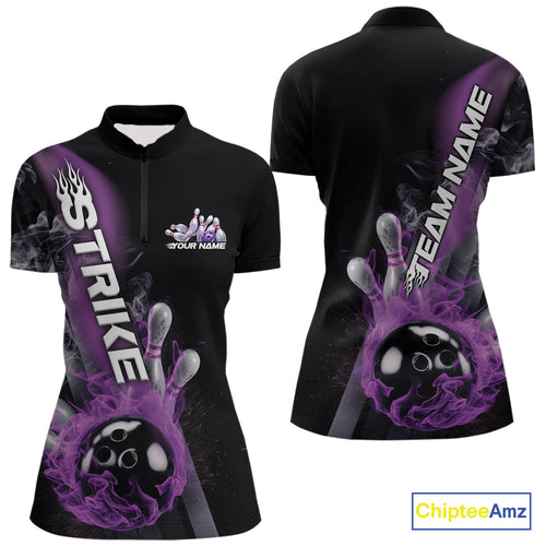 Custom Purple Flame Strike Bowling Team Women Quarter-Zip Shirt, Fire Bowling Jerseys IPHW9571