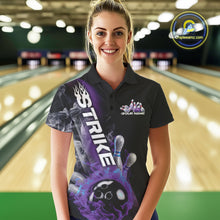 Load image into Gallery viewer, Custom Blue And Purple Flame Strike Bowling Team Women Polo Shirt, Fire Bowling Jerseys IPHW9572