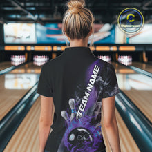 Load image into Gallery viewer, Custom Blue And Purple Flame Strike Bowling Team Women Polo Shirt, Fire Bowling Jerseys IPHW9572