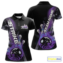 Load image into Gallery viewer, Custom Blue And Purple Flame Strike Bowling Team Women Polo Shirt, Fire Bowling Jerseys IPHW9572