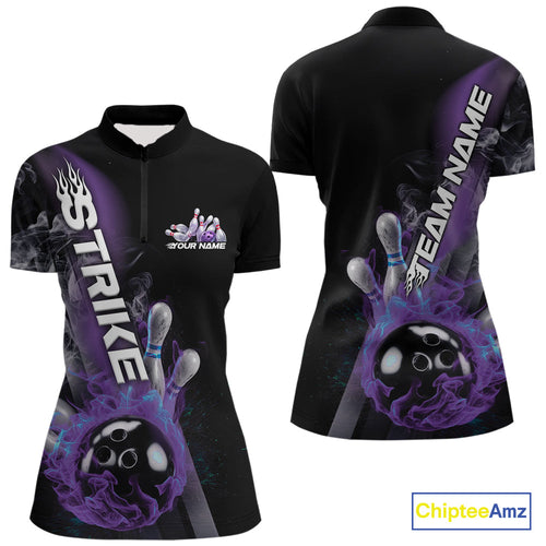 Custom Blue And Purple Flame Strike Bowling Women Quarter-Zip Shirt, Fire Bowling Jersey IPHW9572