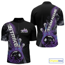 Load image into Gallery viewer, Custom Blue And Purple Flame Strike Bowling Team Quarter-Zip Shirts For Men, Fire Bowling Jerseys IPHW9572