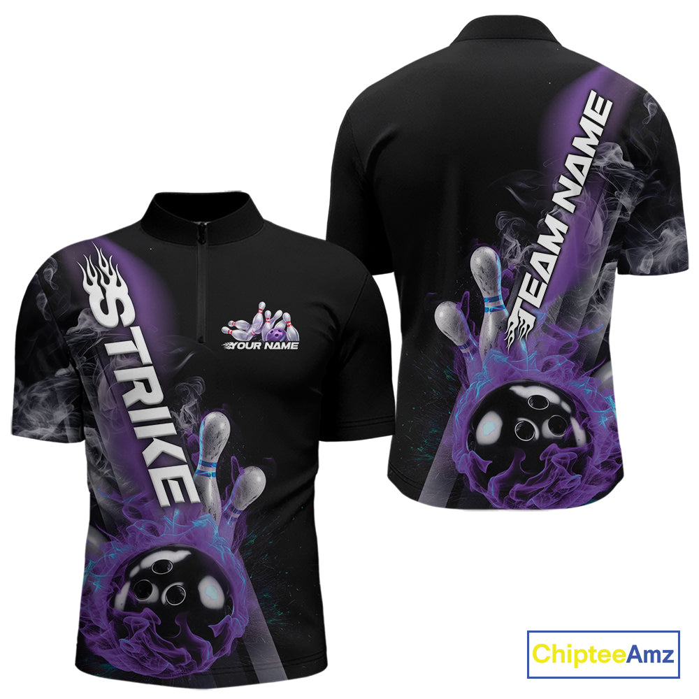 Custom Blue And Purple Flame Strike Bowling Team Quarter-Zip Shirts For Men, Fire Bowling Jerseys IPHW9572