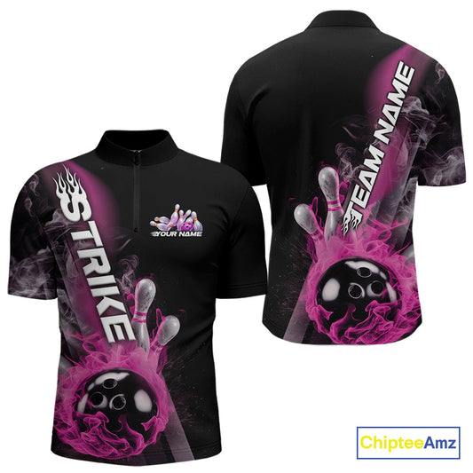 Custom Pink Flame Strike Bowling Team Quarter-Zip Shirts For Men, Fire Bowling Jerseys IPHW9573