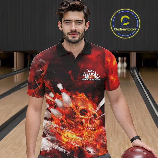 Custom Fire Flame Skull Bowling Polo Shirts For Men, Halloween Bowling Outfits IPHW9575