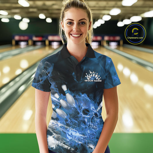 Custom Blue Fire Flame Skull Bowling Polo Shirts For Women, Halloween Bowling Outfits IPHW9576