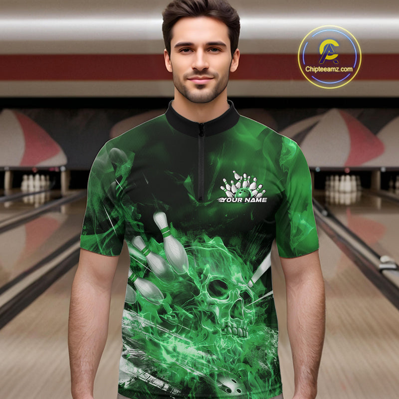 Custom Green Fire Flame Skull Bowling Quarter-Zip Shirts For Men, Halloween Bowling Outfits IPHW9577