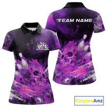 Load image into Gallery viewer, Custom Purple Fire Flame Skull Bowling Polo Shirts For Women, Halloween Bowling Outfits IPHW9578