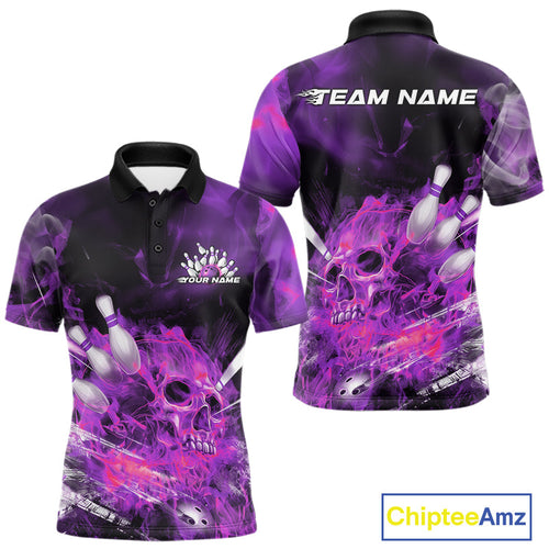 Custom Purple Fire Flame Skull Bowling Polo Shirts For Men, Halloween Bowling Outfits IPHW9578