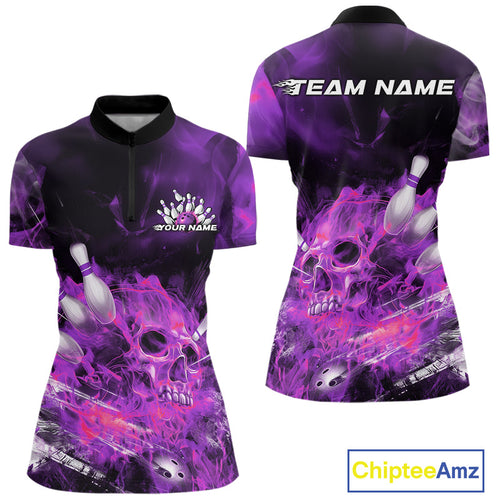 Custom Purple Fire Flame Skull Bowling Women Quarter-Zip Shirt, Halloween Bowling Outfits IPHW9578