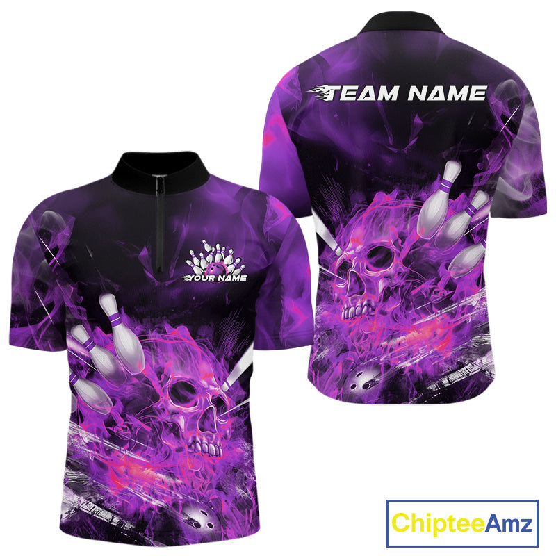Custom Purple Fire Flame Skull Bowling Quarter-Zip Shirts For Men, Halloween Bowling Outfits IPHW9578