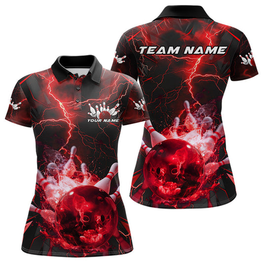 Custom Red Thunder Lightning Bowling Team Polo Shirts For Women, Red Bowling Jerseys IPHW9581