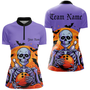 Purple Custom Halloween Bowling Shirts For Women, Skull Bowling Team Shirt Halloween Outfit IPHW7599