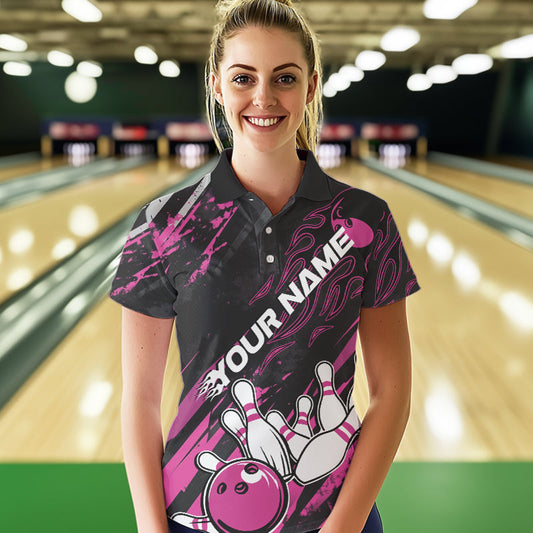 Grunge Black And Pink Custom Flame Bowling Team Polo Shirts For Women, Bowling League Shirt IPHW8525