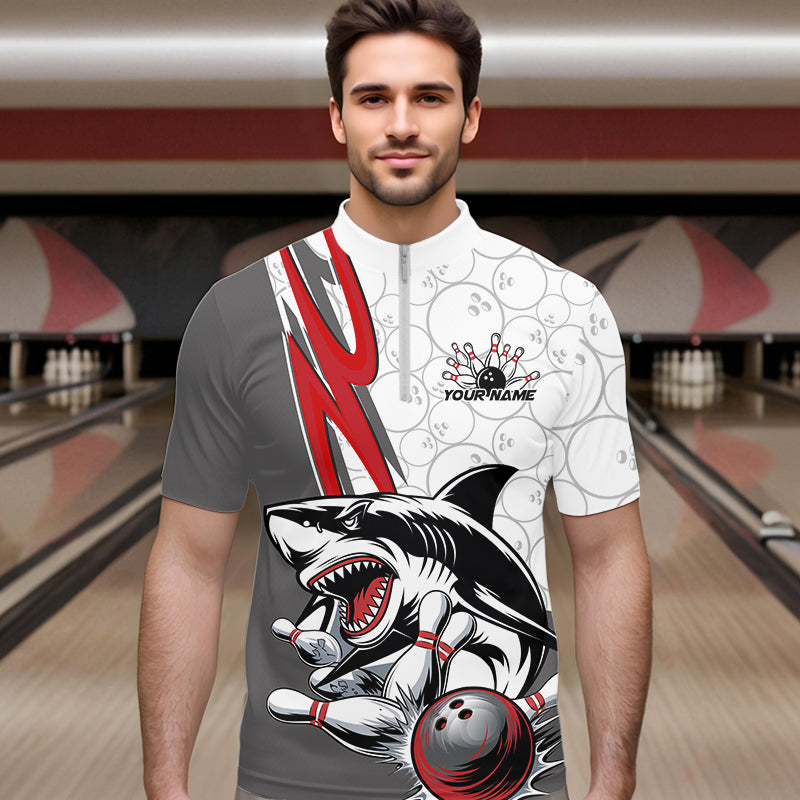 Custom Red Shark Bowling Quarter-Zip Shirts For Men, Shark Bowling Team Tournament Outfits IPHW8728