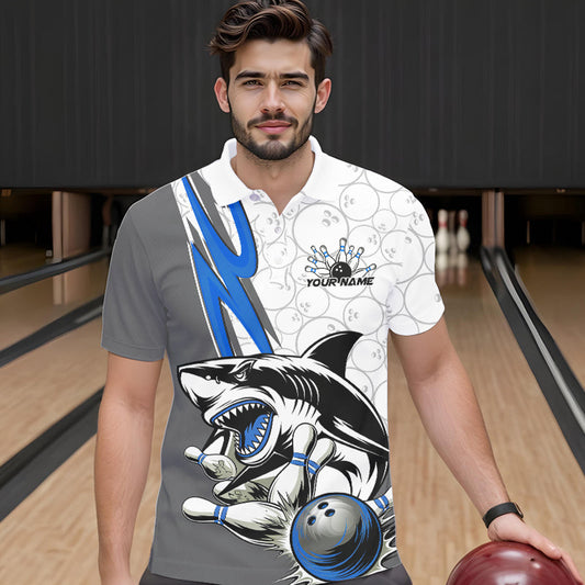 Custom Blue Shark Bowling Polo Shirts For Men, Shark Bowling Team Tournament Outfits IPHW8729