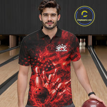 Load image into Gallery viewer, Male model wearing a black and red bowling polo at the bowling lane with fiery bowling strike graphics.