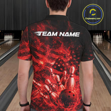 Load image into Gallery viewer, Back view of a mens black and red bowling polo displaying bowling pins, flames, and patriotic accents.
