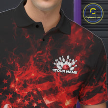 Load image into Gallery viewer, Close-up left chest graphic on a black and red bowling polo featuring flaming bowling ball and pin artwork.