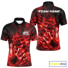 Load image into Gallery viewer, Front and back mens black and red bowling polo featuring a bowling ball crashing through pins with flames and American flag artwork.