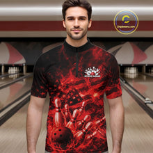 Load image into Gallery viewer, Male model in a bowling center wearing a black and red quarter-zip with fiery bowling-themed graphics and patriotic elements.