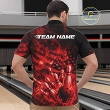 Load image into Gallery viewer, Front view of a black and red bowling quarter-zip showcasing a bowling ball hitting pins with flames and flag-inspired artwork.