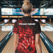 Load image into Gallery viewer, Back view of a black and red womens quarter-zip showcasing bowling pins, flames, and American flag-inspired artwork.