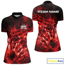 Load image into Gallery viewer, Front and back womens black and red bowling quarter-zip featuring a bowling ball crashing through pins with flames and American flag artwork.