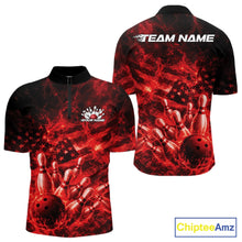 Load image into Gallery viewer, Front and back mens black and red bowling quarter-zip featuring a bowling ball crashing through pins with flame effects and American flag artwork.