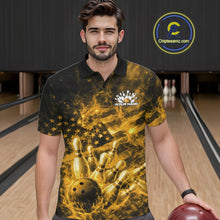 Load image into Gallery viewer, Male model in a bowling center wearing a black and yellow polo with fiery patriotic bowling artwork.