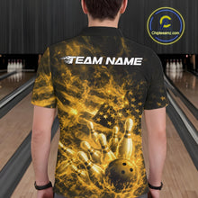 Load image into Gallery viewer, Back view of a mens black and yellow bowling polo showcasing flaming bowling ball and pin graphics.