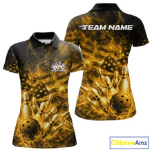 Load image into Gallery viewer, Front and back womens black and yellow bowling polo featuring a bowling ball smashing through pins with flames and flag-inspired graphics.