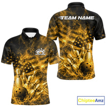 Load image into Gallery viewer, Front and back mens black and yellow bowling polo featuring a bowling ball crashing through pins with flames and flag accents.