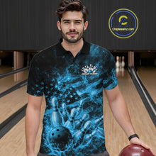 Load image into Gallery viewer, Male model wearing a black and blue bowling polo in a bowling lane with flaming bowling action artwork.
