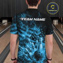 Load image into Gallery viewer, Back view of a mens black and blue bowling polo displaying bowling pins, flames, and American flag elements.