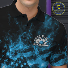 Load image into Gallery viewer, Close-up of the left chest on a black and blue bowling polo with flaming bowling strike graphics.
