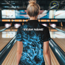 Load image into Gallery viewer, Back view of a womens black and blue bowling polo showcasing flames, bowling pins, and American flag accents.