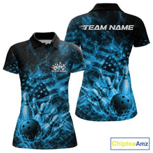Load image into Gallery viewer, Front and back womens black and blue bowling polo featuring a bowling ball crashing through pins with flames and patriotic artwork.