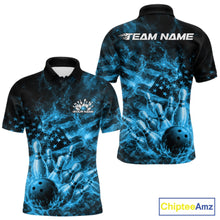 Load image into Gallery viewer, Front and back mens black and blue bowling polo featuring a bowling ball crashing through pins with fiery patriotic graphics.