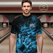 Load image into Gallery viewer, Male model wearing a black and blue bowling quarter-zip in a bowling alley with flaming bowling graphics and patriotic styling.