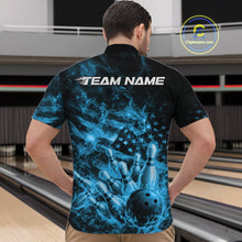 Load image into Gallery viewer, Front view of a black and blue quarter-zip showcasing a bowling ball striking pins with flames and American flag elements.