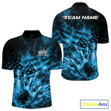 Load image into Gallery viewer, Front and back mens black and blue bowling quarter-zip featuring a bowling ball crashing through pins with fiery American flag artwork.
