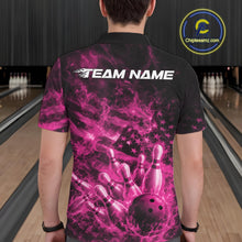 Load image into Gallery viewer, Custom Pink Fire Patriotic Bowling Men Polo Shirt, American Flag Flame Bowling Jersey IPHW11110
