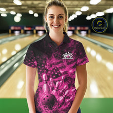 Load image into Gallery viewer, Female model at a bowling lane wearing a black and pink polo with patriotic bowling graphics and flame accents.