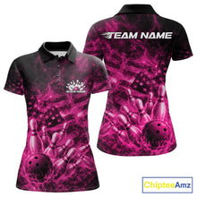 Load image into Gallery viewer, Front and back womens black and pink bowling polo featuring a bowling ball crashing through pins with fiery American flag artwork.