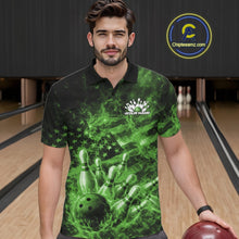 Load image into Gallery viewer, Male model wearing a black and green bowling polo in a bowling lane with fiery bowling strike artwork and patriotic accents.