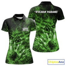 Load image into Gallery viewer, Front and back womens black and green bowling polo featuring a bowling ball crashing through pins with flames and an American flag background.