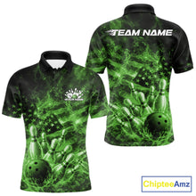 Load image into Gallery viewer, Front and back mens black and green bowling polo featuring a bowling ball crashing through pins with flames and American flag background.