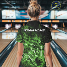 Load image into Gallery viewer, Back view of a black and green womens quarter-zip displaying a bowling ball, pins, flames, and American flag motif.