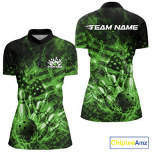 Load image into Gallery viewer, Front and back womens black and green bowling quarter-zip featuring a bowling ball crashing through pins with flames and an American flag background.
